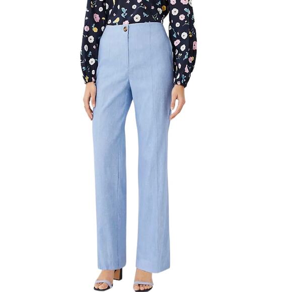NEW Ann Taylor Womens Size 14 High-Waist Linen Blend Blue Pants Beachy Costal - Picture 1 of 11